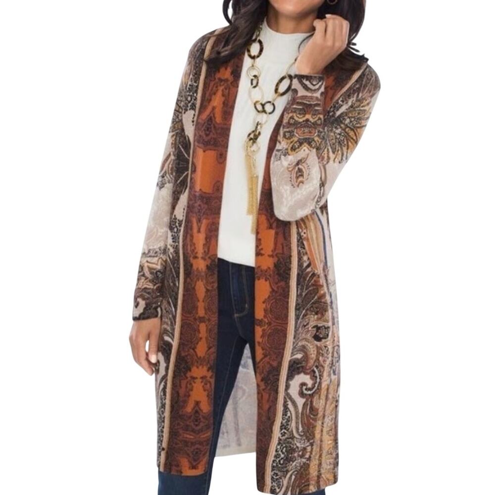 Chico’s Open Front Cardigan Size 2 L /‎ XL Beige Boho Paisley Lagenlook Neutral